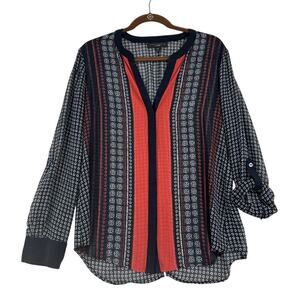 Sanctuary Blouse Size L Blue White Red Sheer Button Up Lightweight Long Sleeve